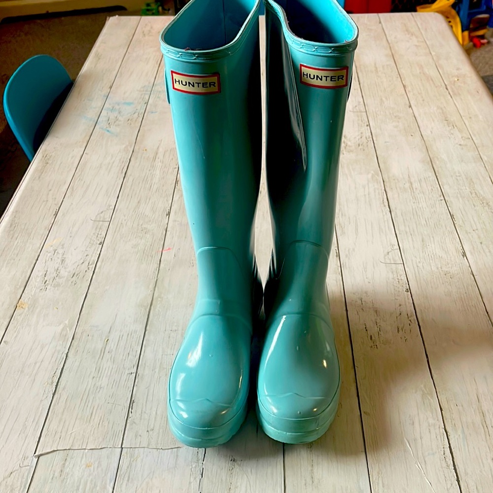 Hunter Tall Rubber Rain Boots Glossy Adjustable Teal Blue Size 7